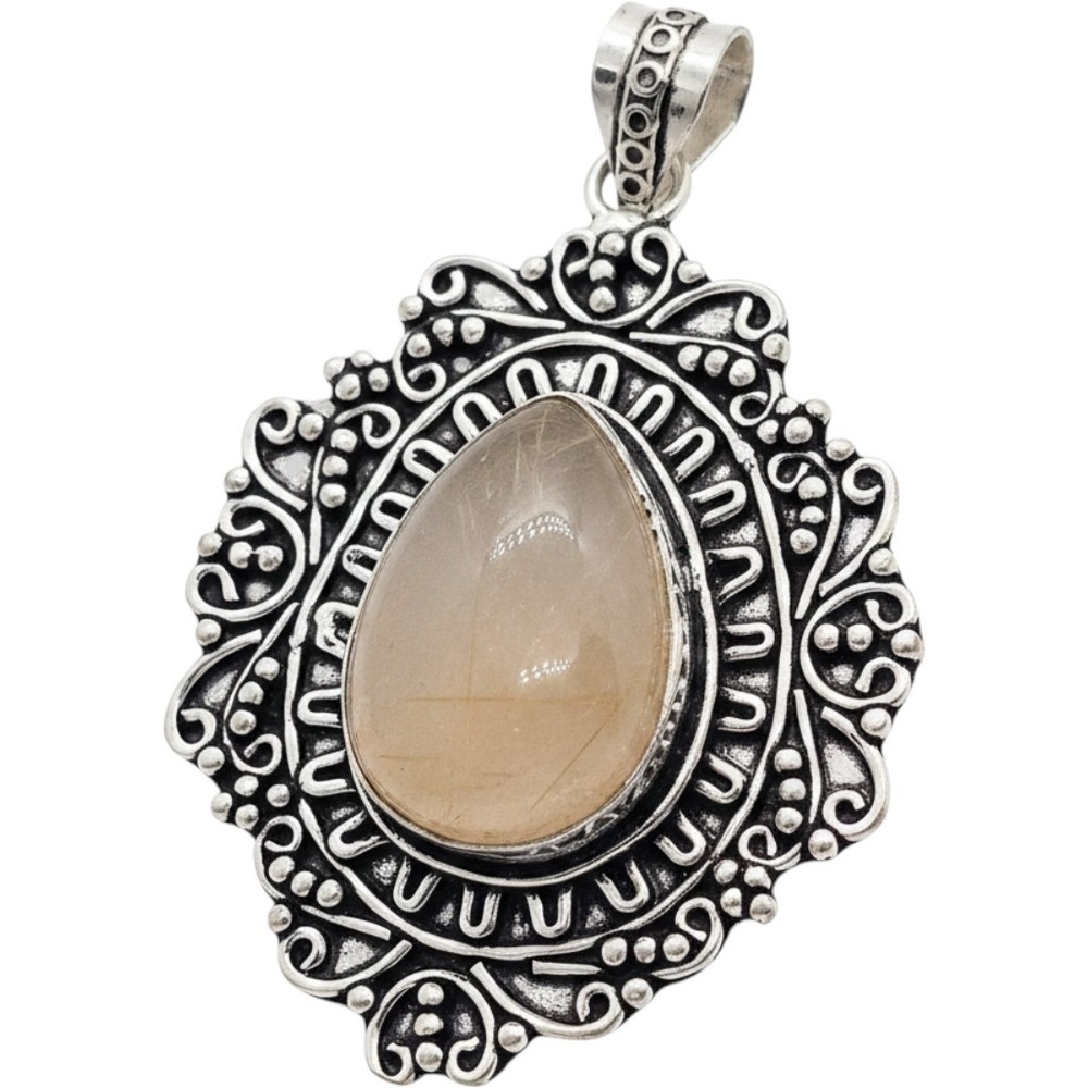 Golden Rutilated Quartz 925 Sterling Silver‎ Pendant Bali Artisan Teardrop